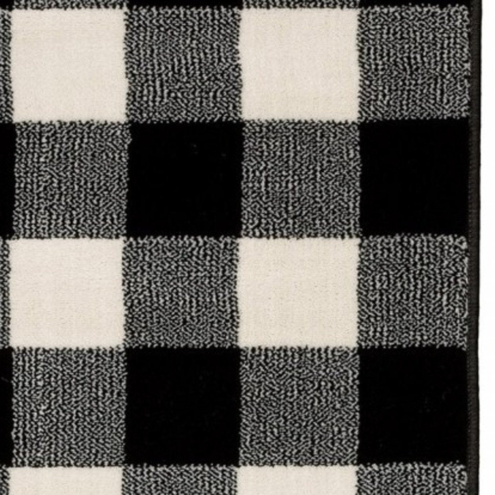 8' Ivory And Black Gingham Runner Rug