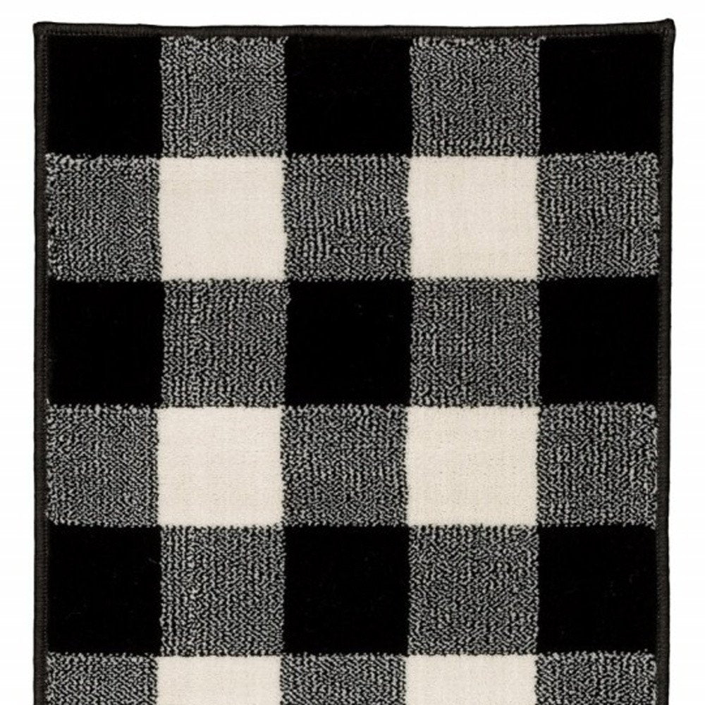 8' Ivory And Black Gingham Runner Rug