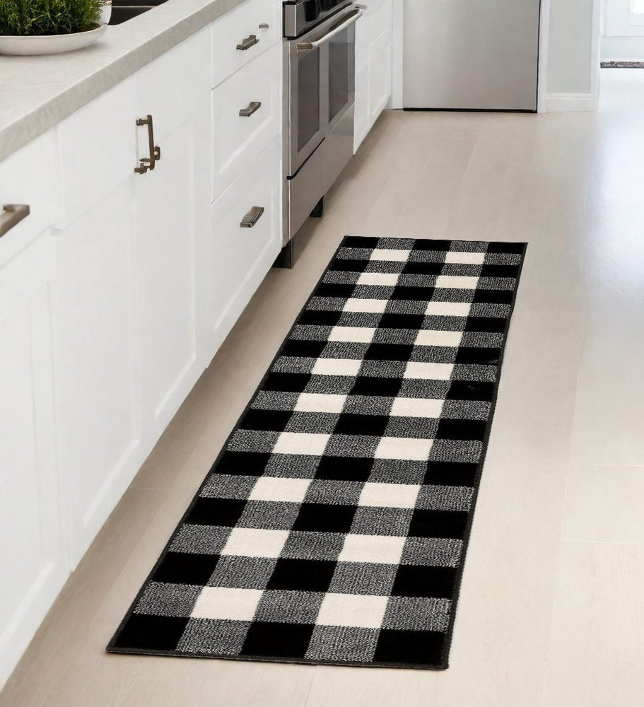 8' Ivory And Black Gingham Runner Rug