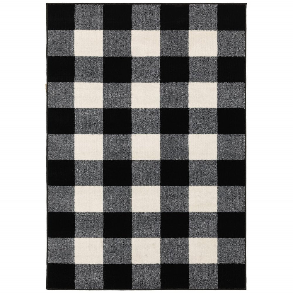 8' Ivory And Black Gingham Runner Rug