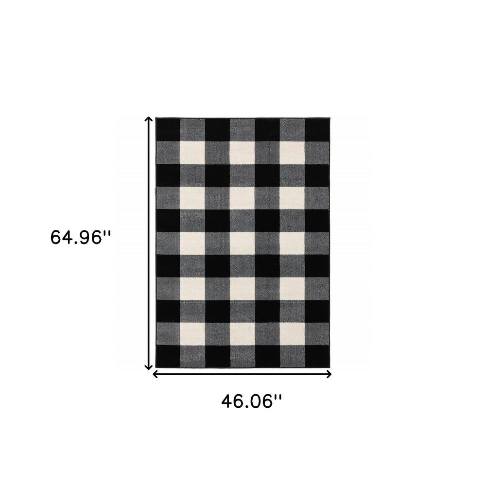 8' Ivory And Black Gingham Runner Rug