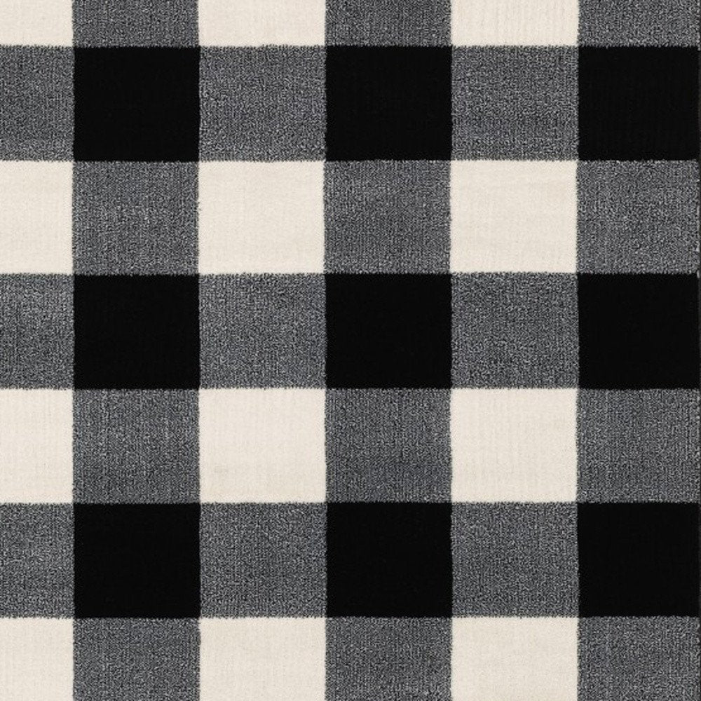 8' Ivory And Black Gingham Runner Rug