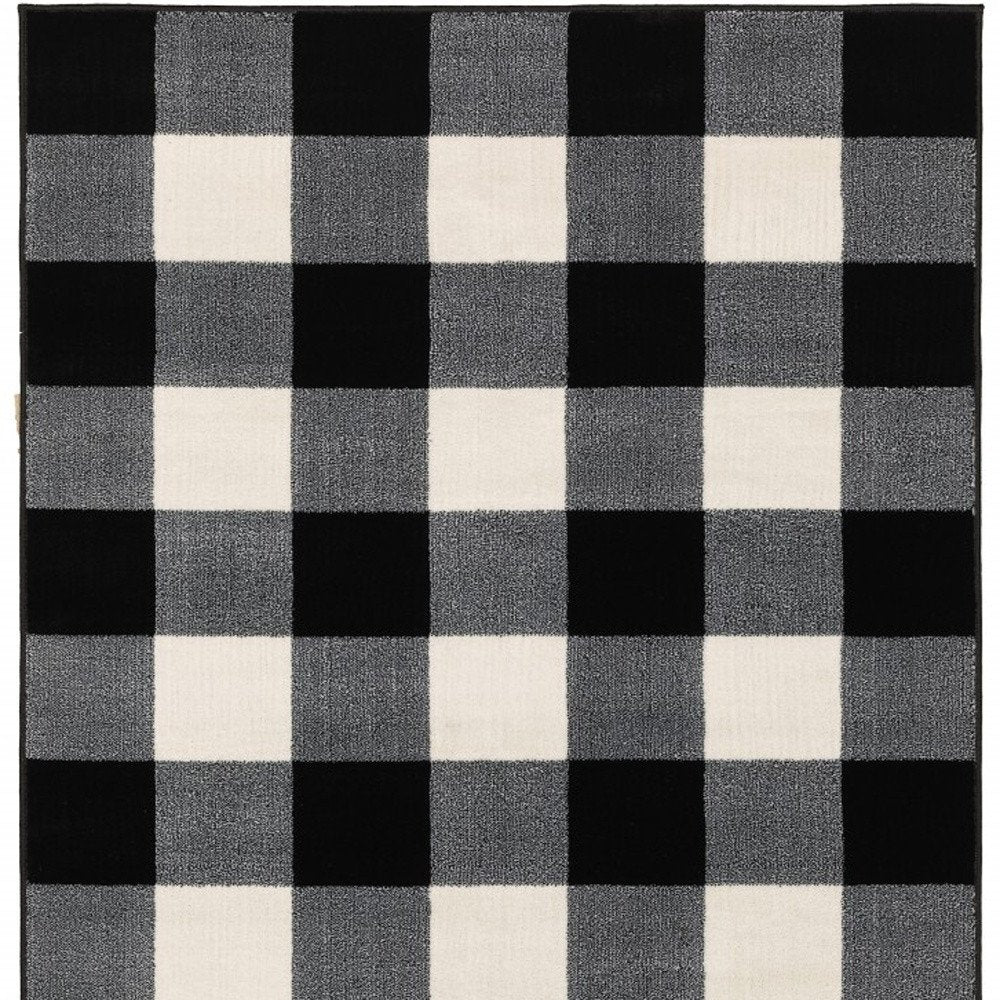 8' Ivory And Black Gingham Runner Rug