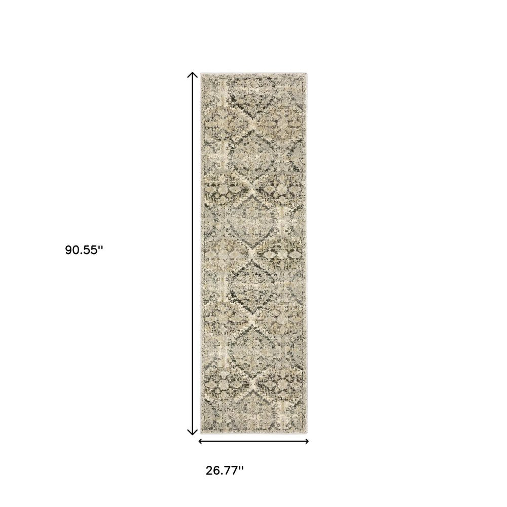 2' X 8' Ivory And Gray Floral Trellis Indoor Runner Rug