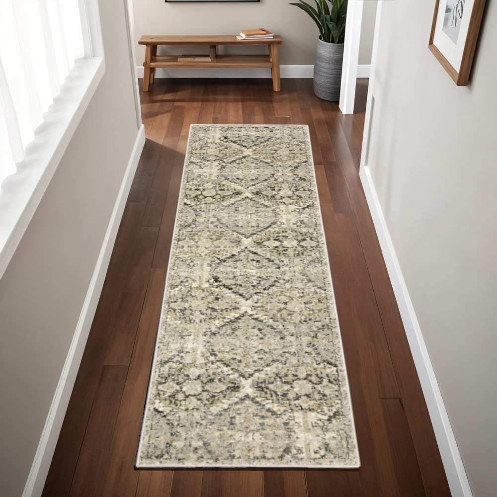 2' X 8' Ivory And Gray Floral Trellis Indoor Runner Rug