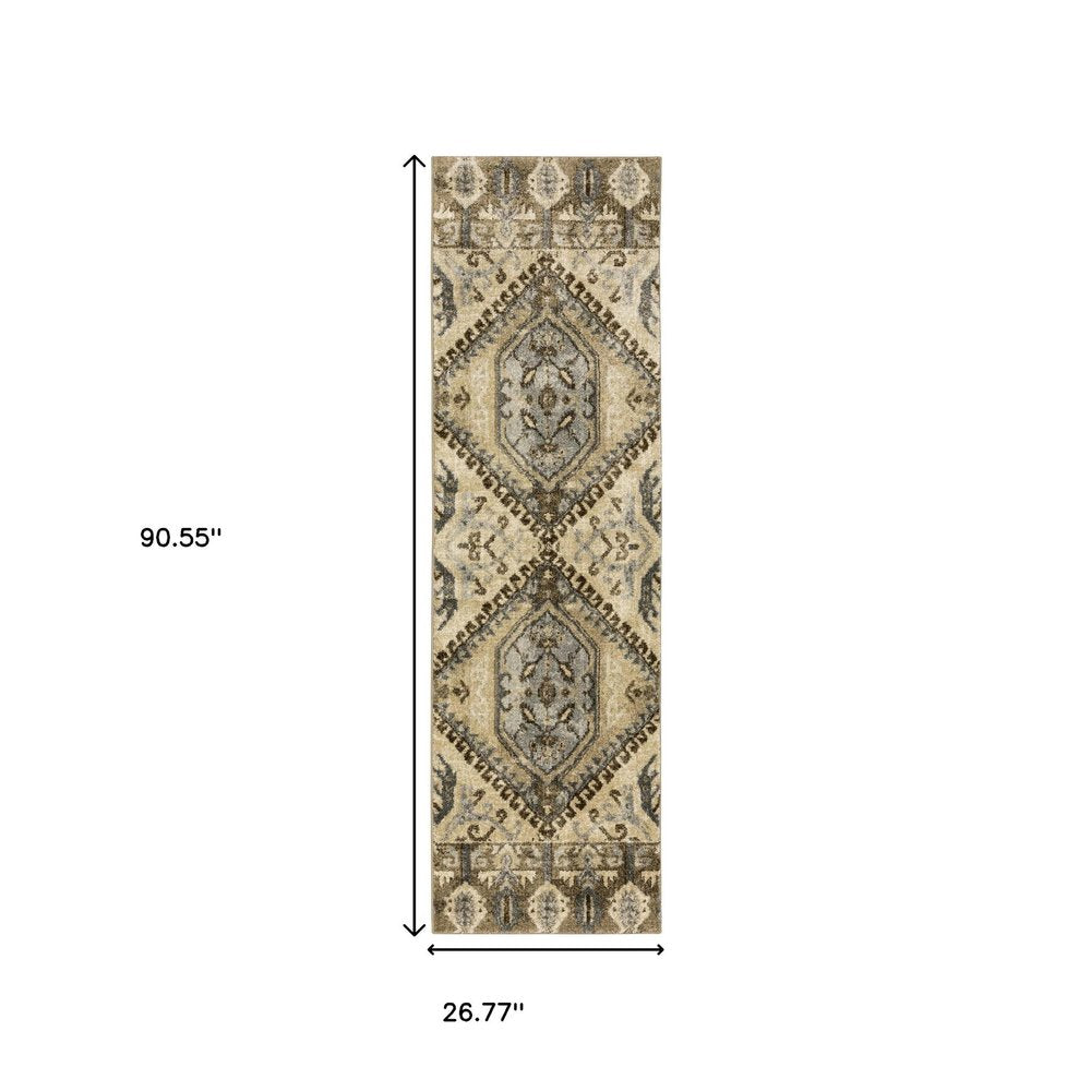 2' X 8' Tan And Gold Central Medallion Indoor Runner Rug