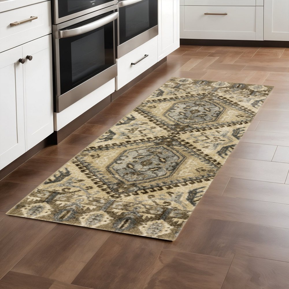 2' X 8' Tan And Gold Central Medallion Indoor Runner Rug