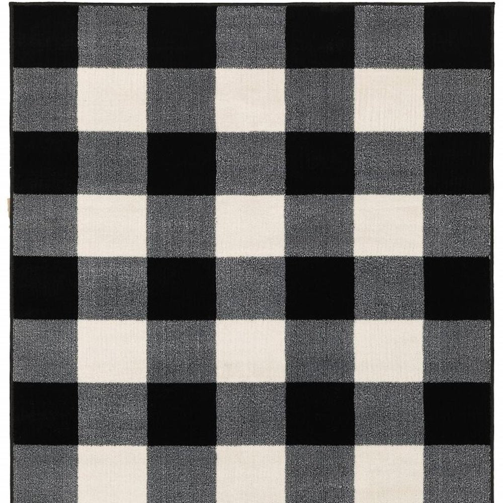 8' Ivory And Black Gingham Runner Rug