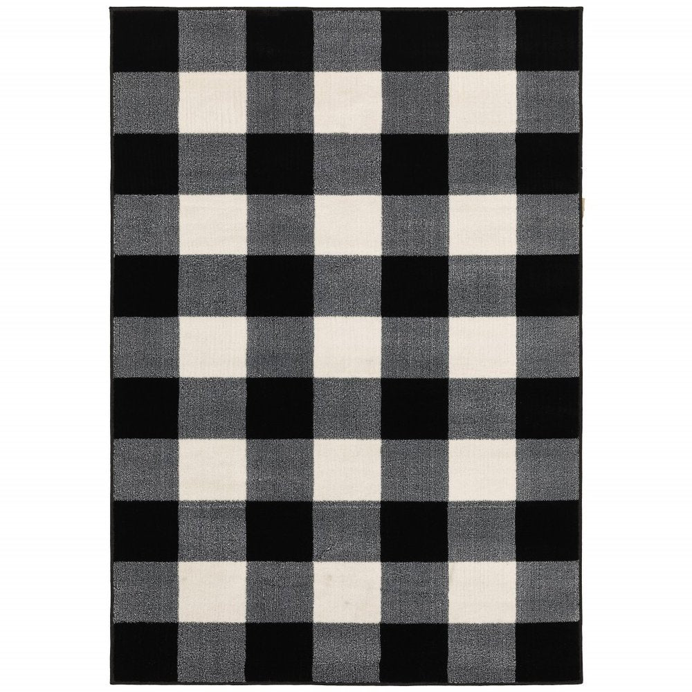 8' Ivory And Black Gingham Runner Rug
