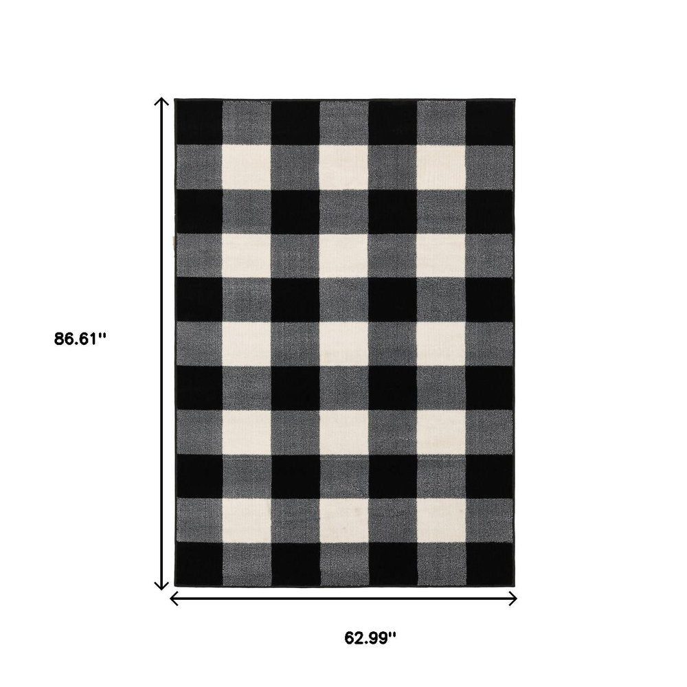 8' Ivory And Black Gingham Runner Rug