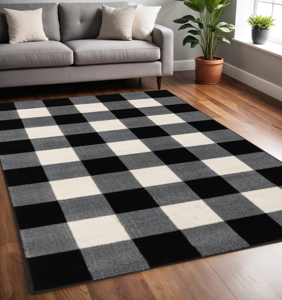 8' Ivory And Black Gingham Runner Rug