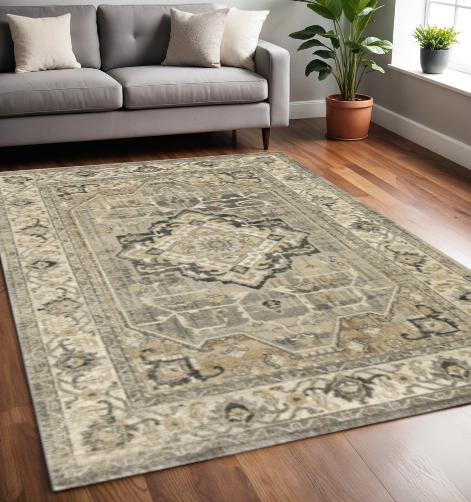 10' X 13' Beige And Gray Medallion Distressed Area Rug