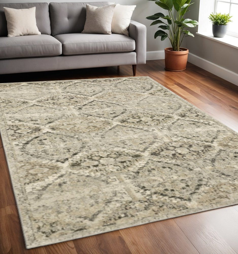 2' X 8' Ivory And Gray Floral Trellis Indoor Runner Rug