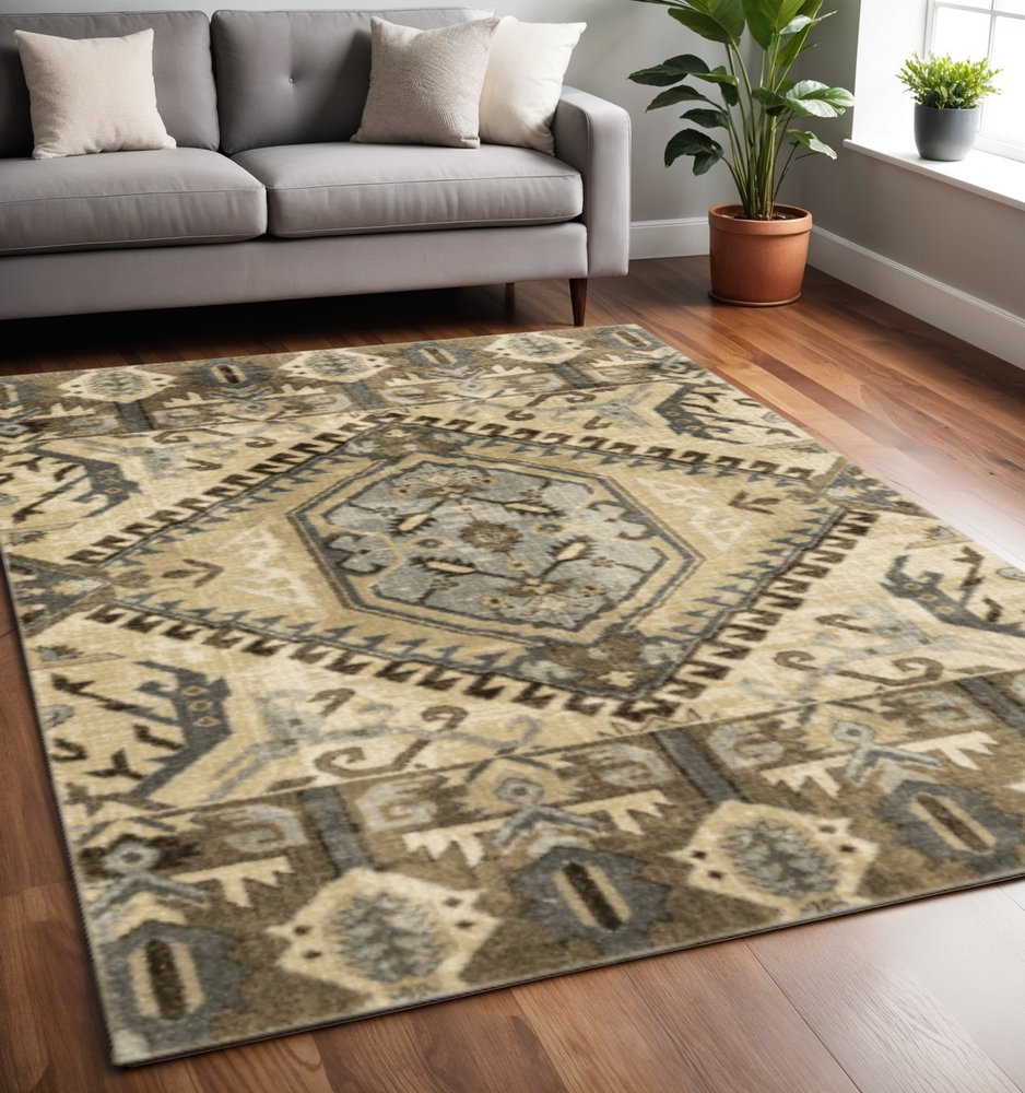 2' X 8' Tan And Gold Central Medallion Indoor Runner Rug