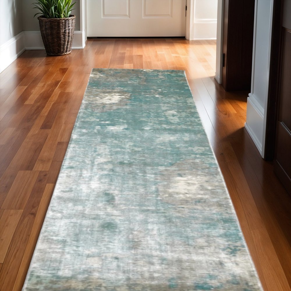 9' X 12' Blue And Gray Abstract Hand Loomed Distressed Area Rug