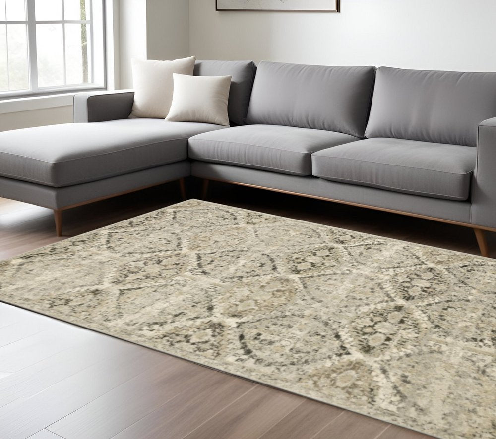 2' X 8' Ivory And Gray Floral Trellis Indoor Runner Rug