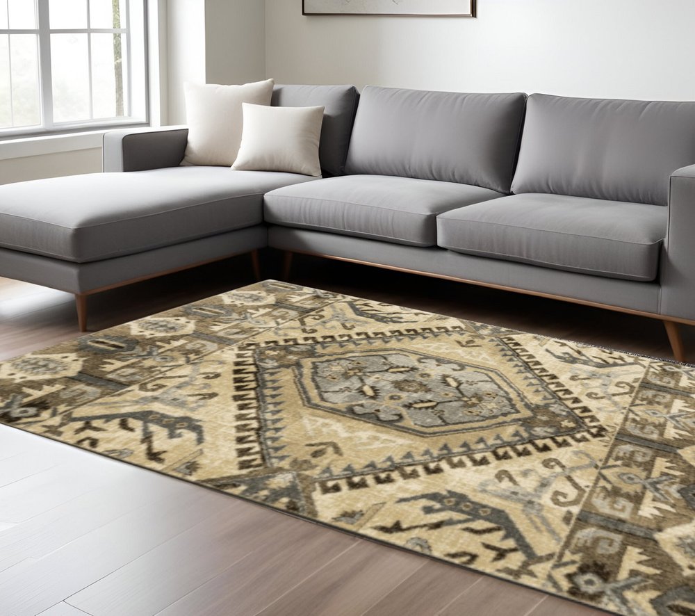 2' X 8' Tan And Gold Central Medallion Indoor Runner Rug