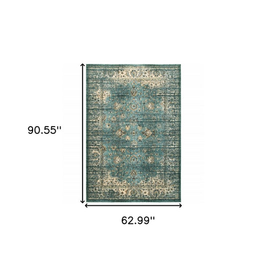 10' X 13' Blue And Ivory Medallion Distressed Area Rug