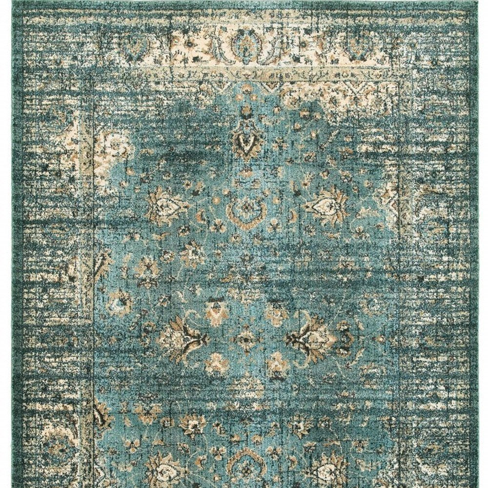 10' X 13' Blue And Ivory Medallion Distressed Area Rug