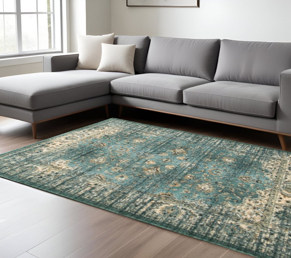 10' X 13' Blue And Ivory Medallion Distressed Area Rug