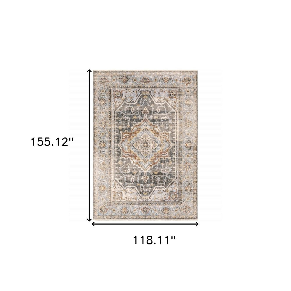 10' X 13' Gray And Blue Medallion Distressed Area Rug