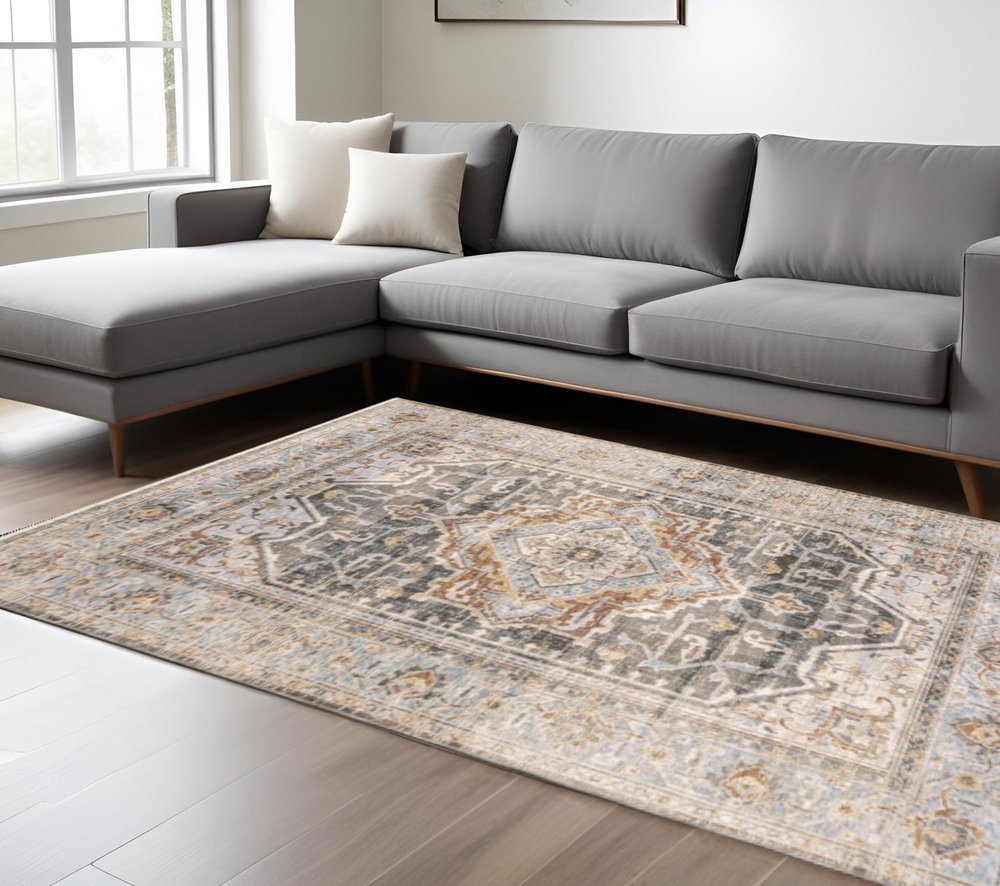 10' X 13' Gray And Blue Medallion Distressed Area Rug