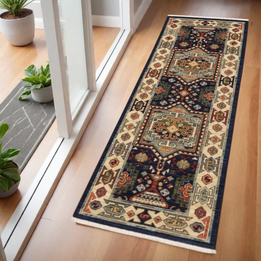 12' Blue And Ivory Wool Handmade Runner Rug