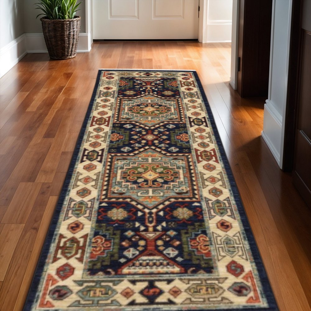 12' Blue And Ivory Wool Handmade Runner Rug
