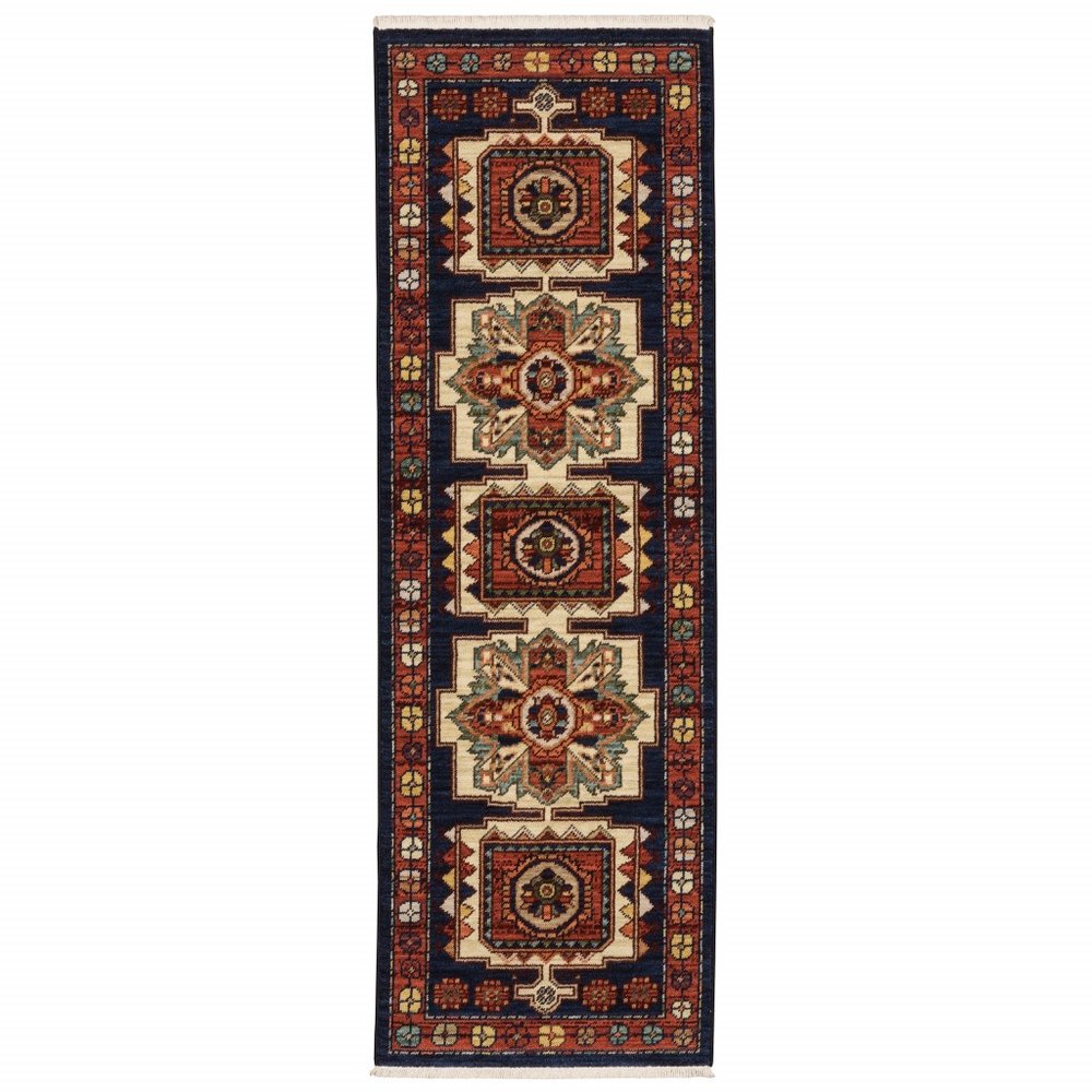 8' X 11' Blue And Red Medallion Area Rug