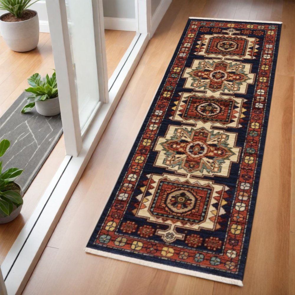 8' X 11' Blue And Red Medallion Area Rug