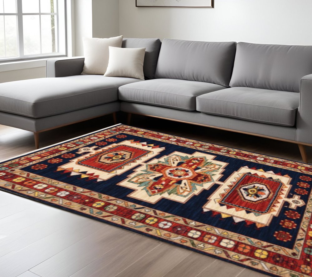 8' X 11' Blue And Red Medallion Area Rug