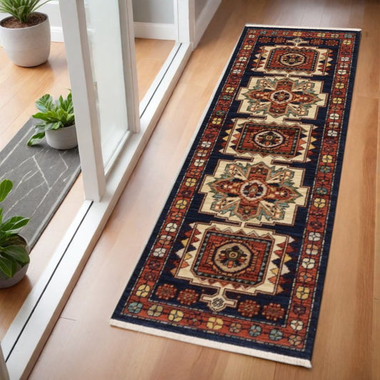 2' X 3' Red Blue Machine Woven Oriental Indoor Area Rug