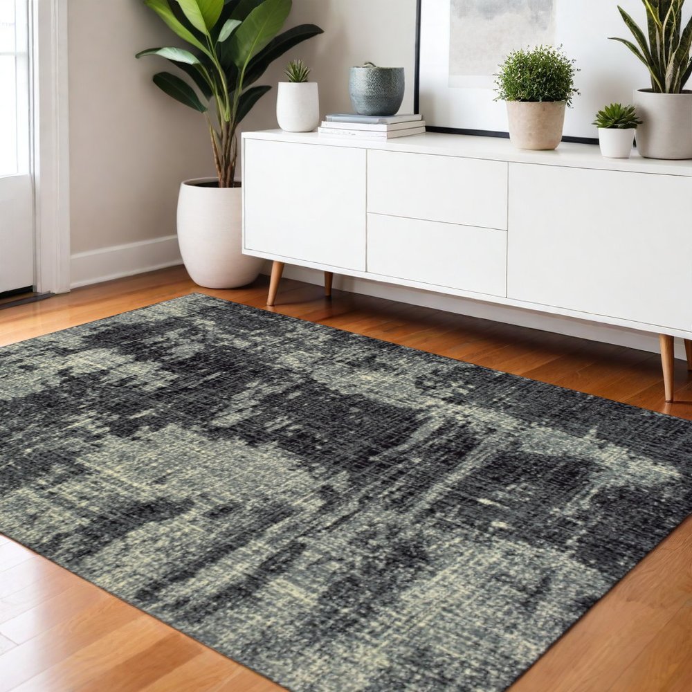 10' X 13' Black And Ivory Abstract Distressed Area Rug