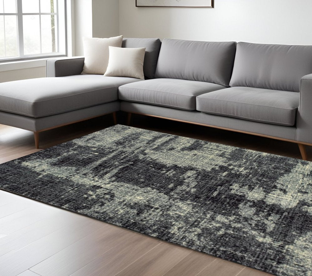 10' X 13' Black And Ivory Abstract Distressed Area Rug