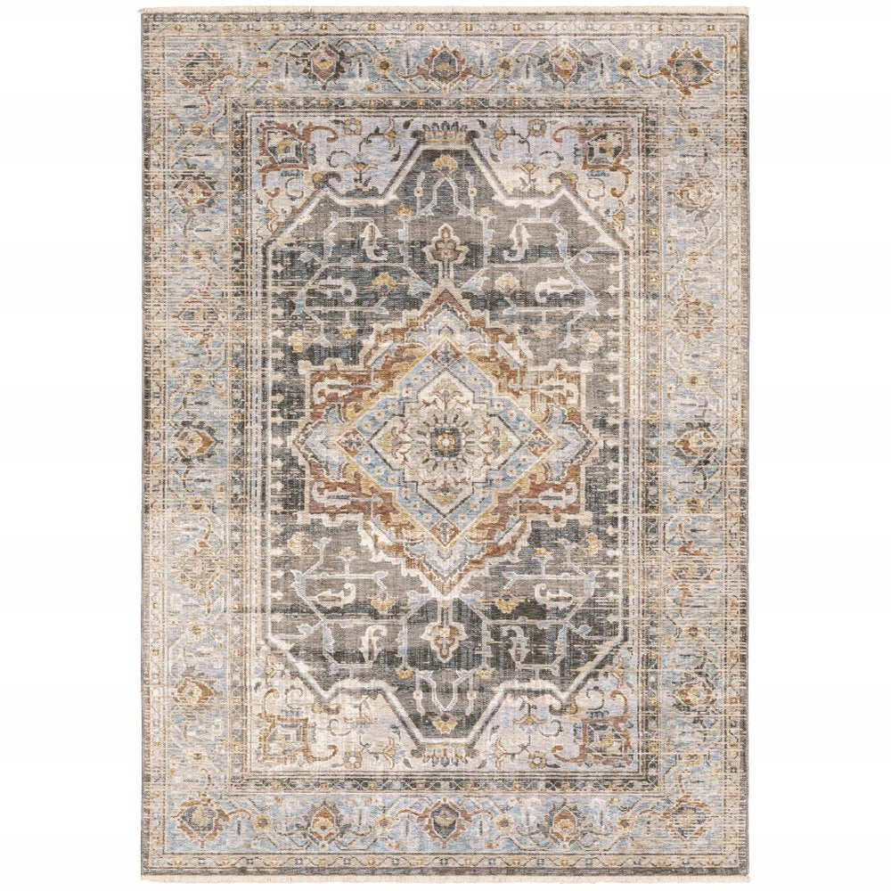 10' X 13' Gray And Blue Medallion Distressed Area Rug
