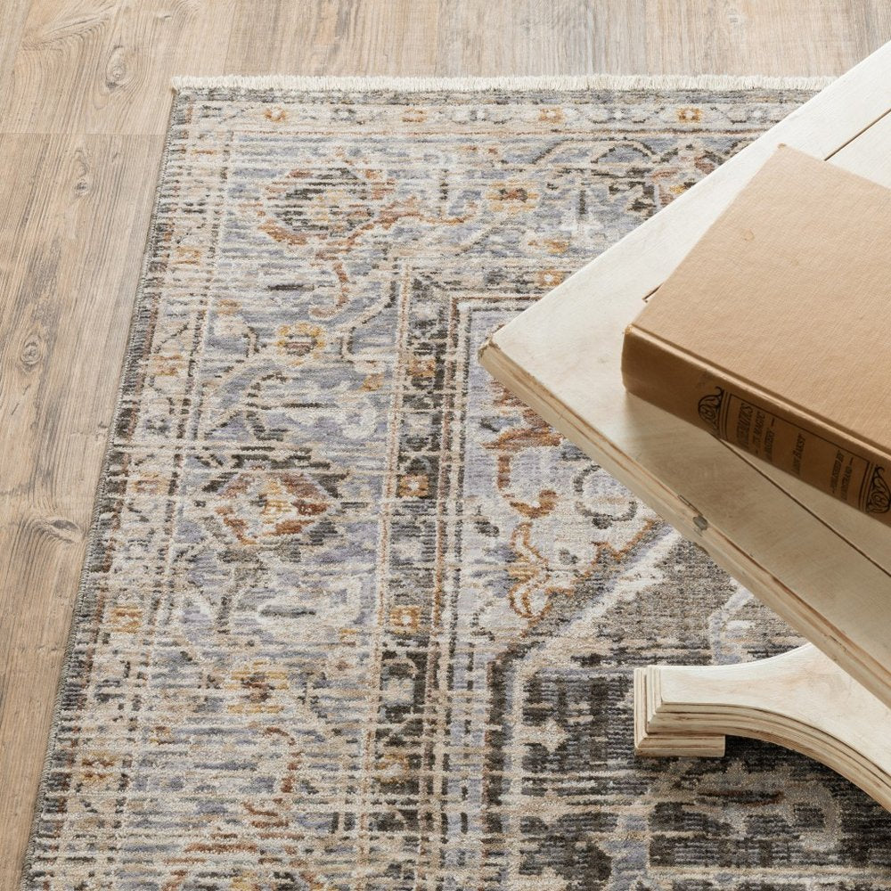 10' X 13' Gray And Blue Medallion Distressed Area Rug