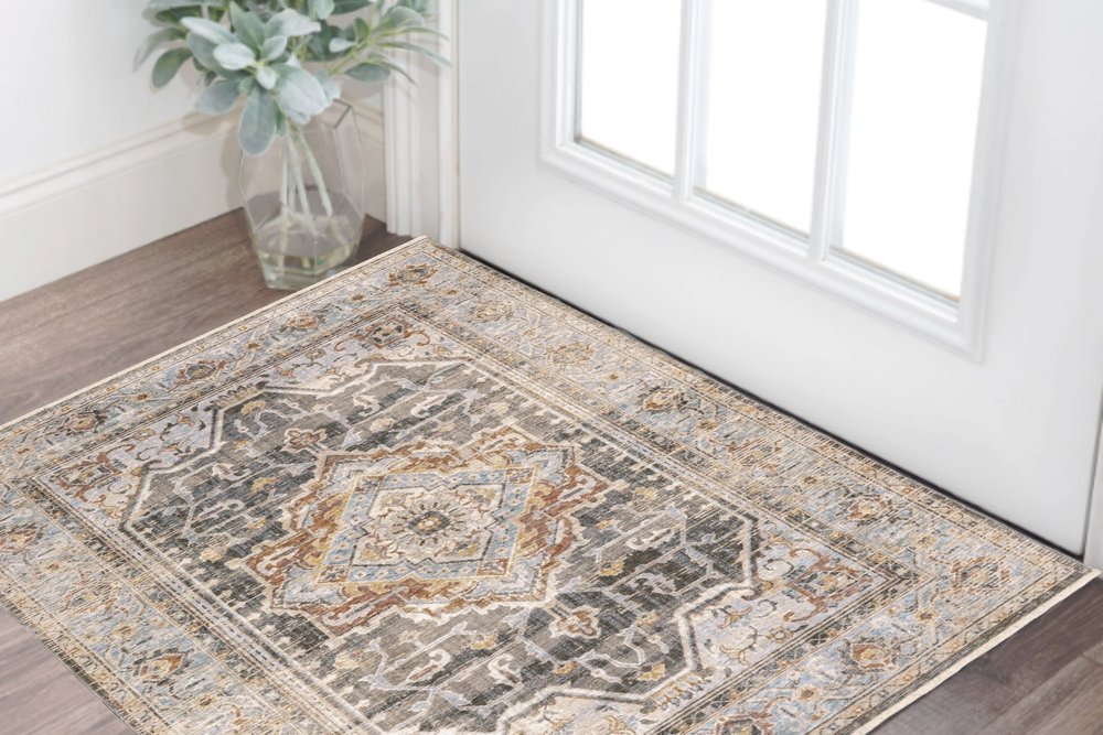 10' X 13' Gray And Blue Medallion Distressed Area Rug