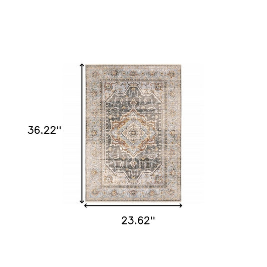 10' X 13' Gray And Blue Medallion Distressed Area Rug