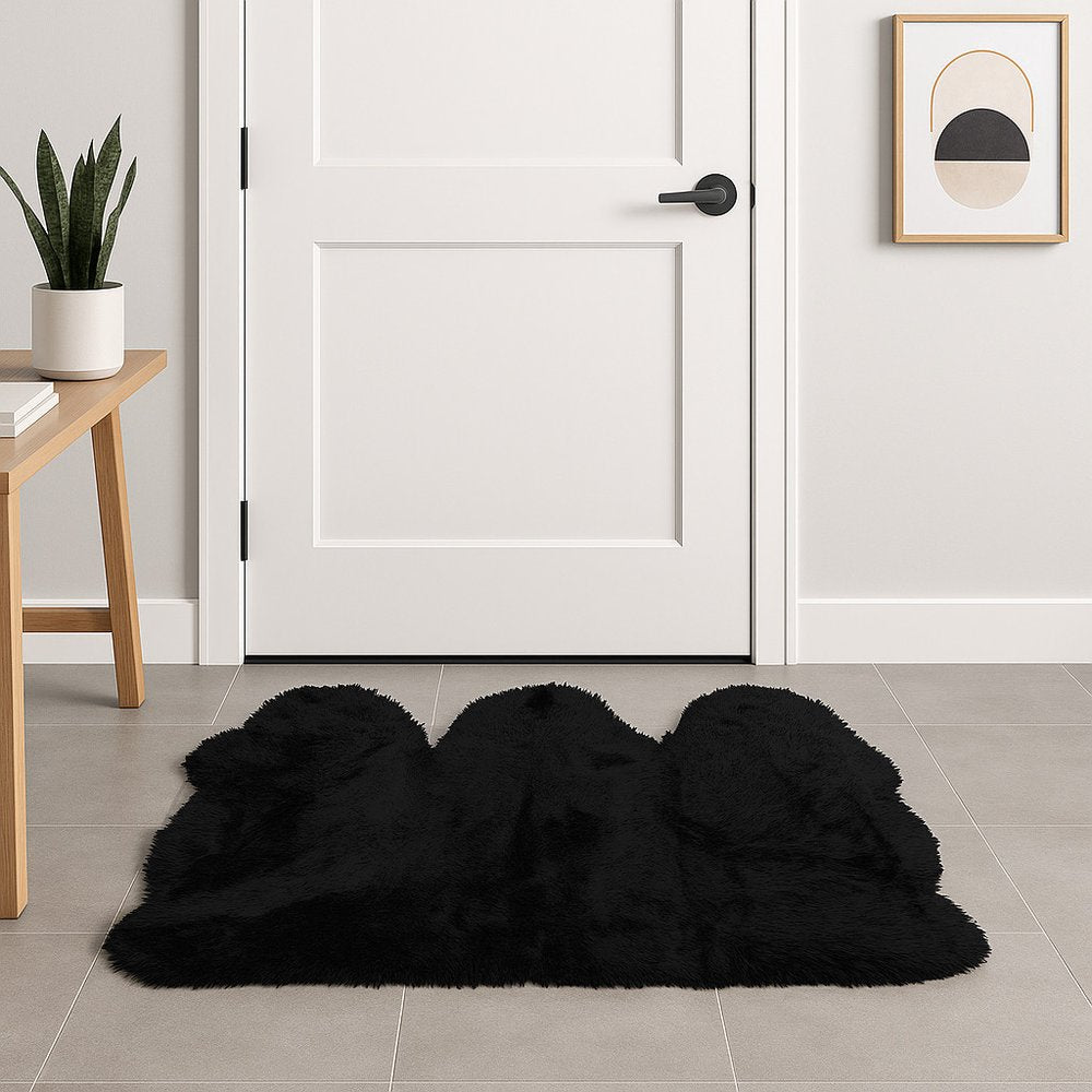3' X 5' Black Natural Sheepskin Area Rug