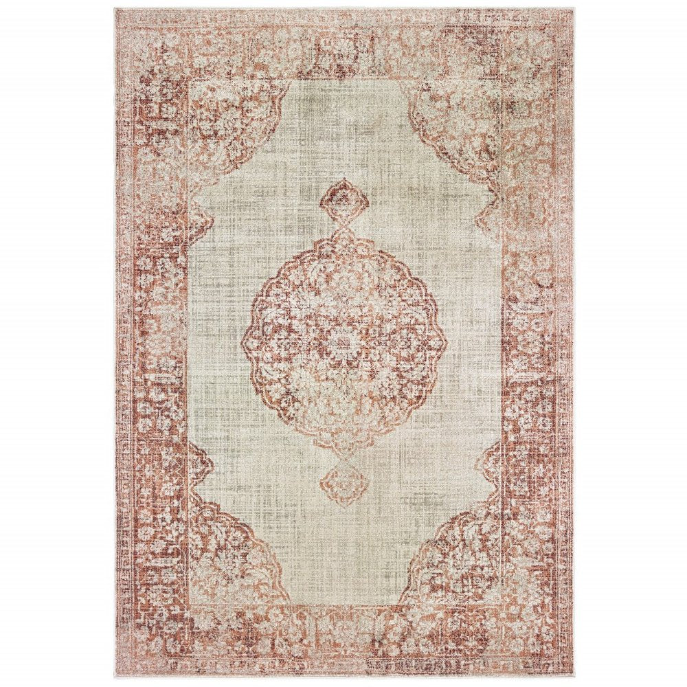 10' X 13' Ivory And Pink Medallion Area Rug
