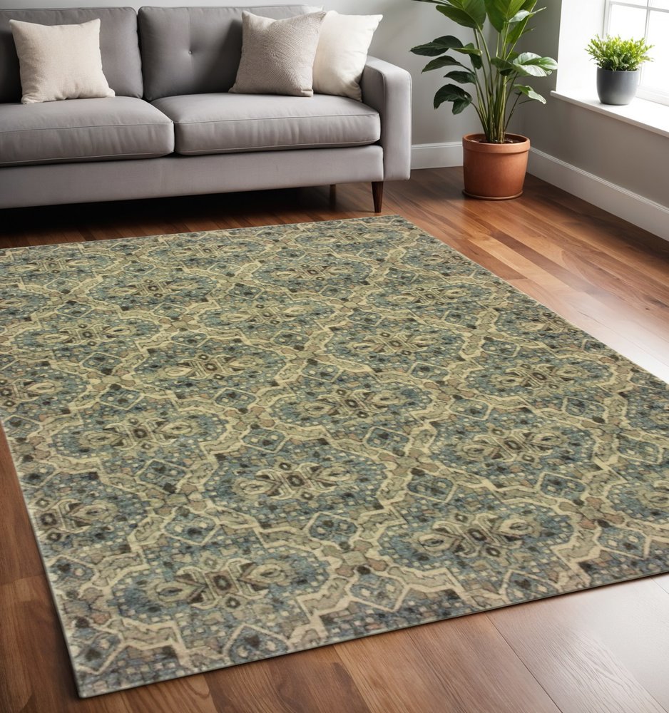 10' X 13' Ivory And Blue Geometric Area Rug