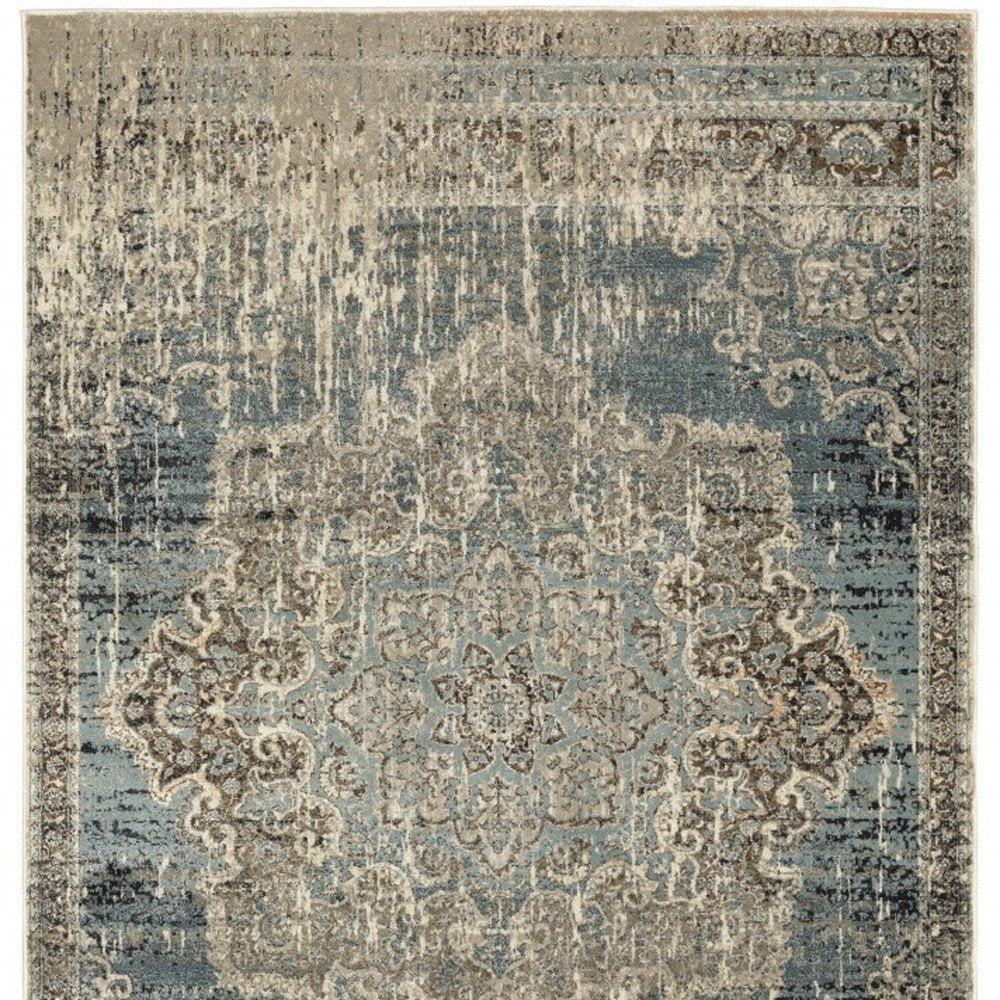 10' X 13' Blue And Ivory Medallion Area Rug