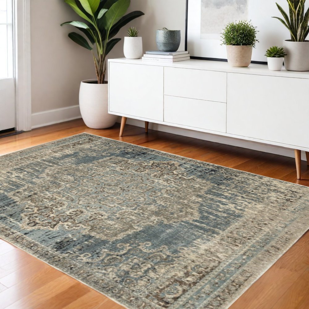 10' X 13' Blue And Ivory Medallion Area Rug