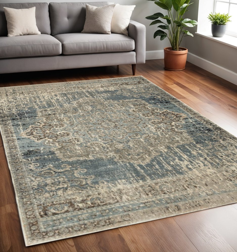 10' X 13' Blue And Ivory Medallion Area Rug