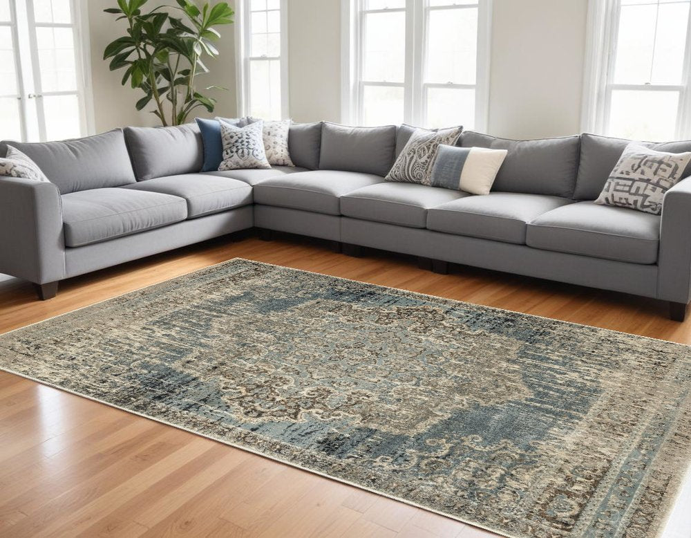 10' X 13' Blue And Ivory Medallion Area Rug