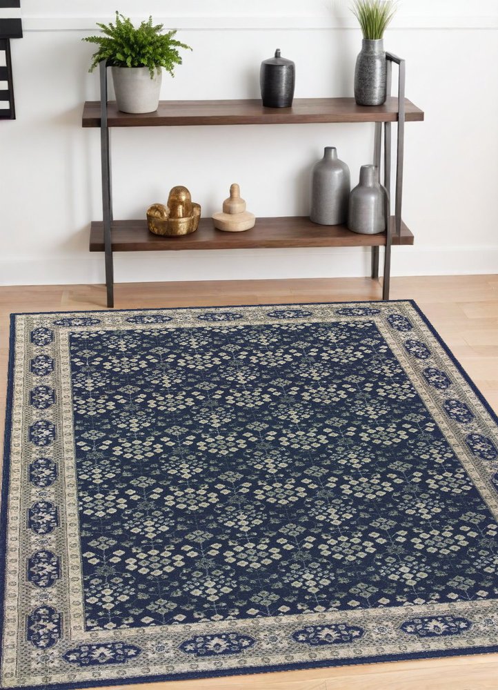 10' X 13' Navy And Gray Floral Ditsy Area Rug