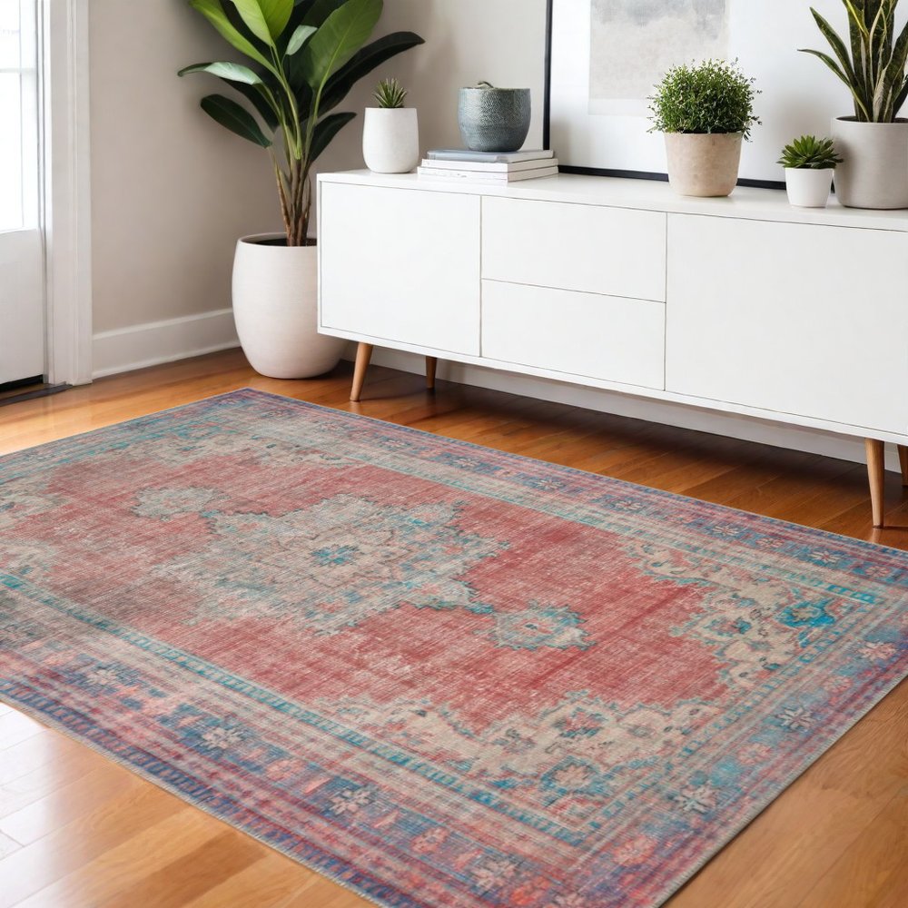 5' X 8' Red And Blue Oriental Area Rug