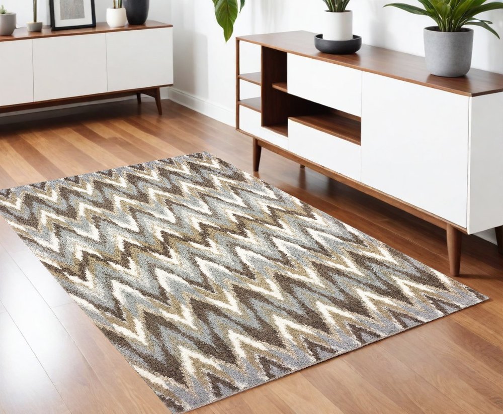 7' X 10' Gray And Taupe Ikat Pattern Area Rug