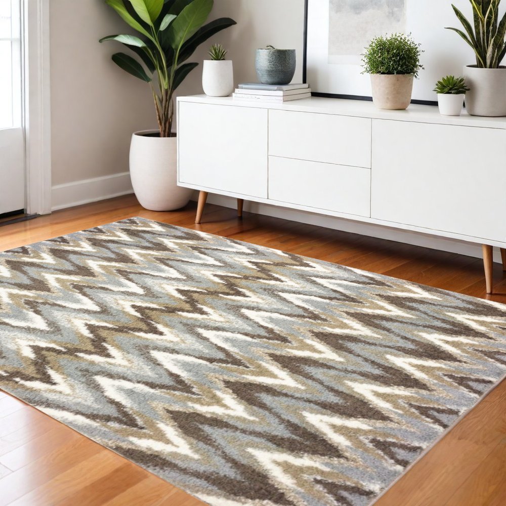 7' X 10' Gray And Taupe Ikat Pattern Area Rug
