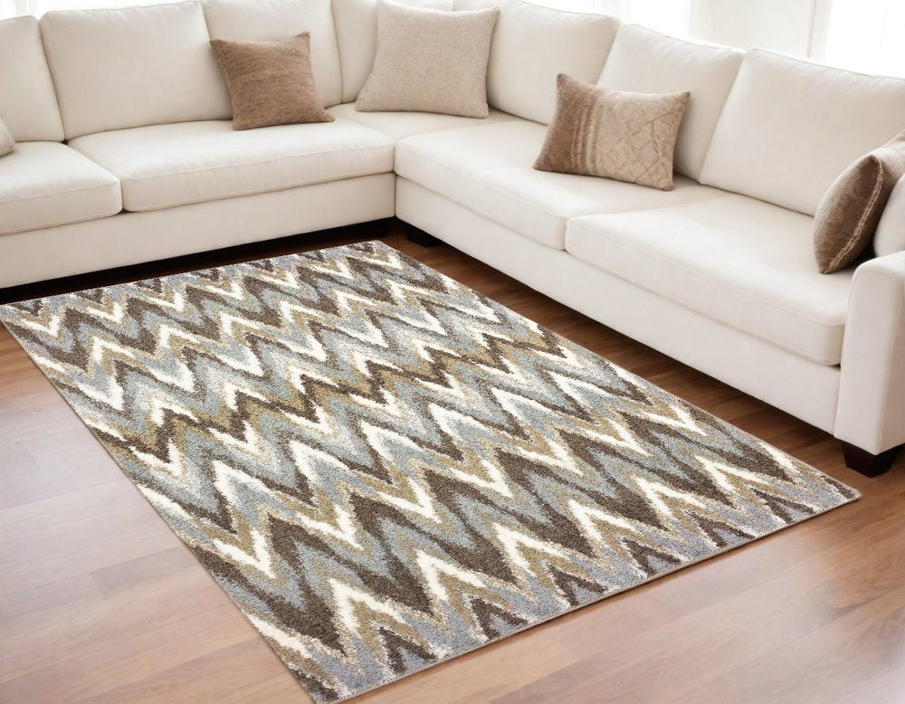 7' X 10' Gray And Taupe Ikat Pattern Area Rug